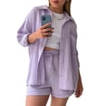 thumbnail image 2 of Yunliwuli Women Summer Clothes Set Solid Color Pleated Long Sleeve Shirt and Casual Drawstring High Waist Shorts Clubwear, 2 of 6
