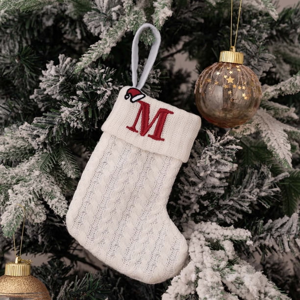 Calcetines Navideños de Punto, Bordado con Alfabeto Decorativo, Bolsa de Regalo Festiva, Medias de Lana para Decoración Navideña, Encantador Diseño de Enano, Navidad Blanca, Tamaño Mediano, 18 X 15 C