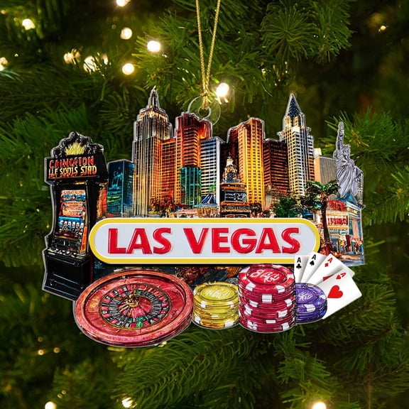 Las Vegas Ornament 2D Flat Acrylic 2025, Casino Xmas Ornament with Skyline and Poker Chips, Travel Souvenir Gift, Las Vegas Casino Decor