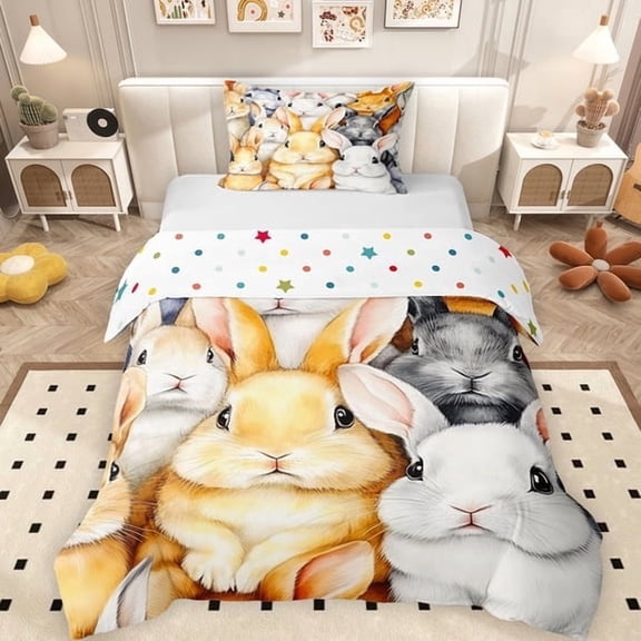 Erosebridal Rabbits Print Twin Bedding for Kids, Cute Animal Duvet Cover Set, Polka Dots Reversible 2pcs, 1 Duvet Cover and 1 Pillowcase, No Comforter