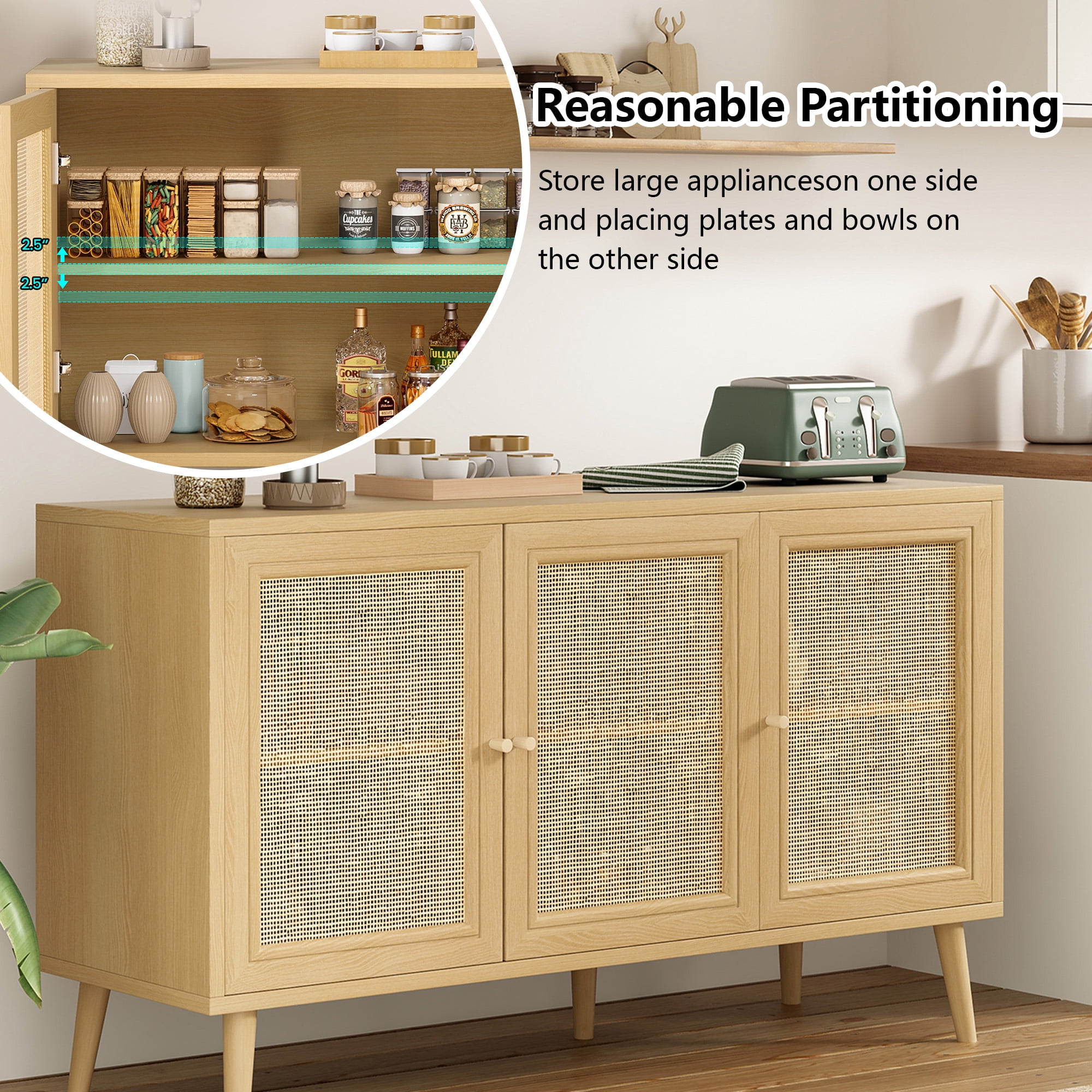 MAYEERTY Natural 47*15*28"Rattan-Fronted Sideboard Cabinet with 3 Doors for Dining Room & Entryway Storage