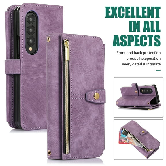 Jiahe Cover for Samsung Galaxy Z Fold 3, Mulit-Function Wallet Case,Flip Leather Zipper Card Holder Stand with Adjustable Shoulder Strap Full Body Protection Case Cover, purple