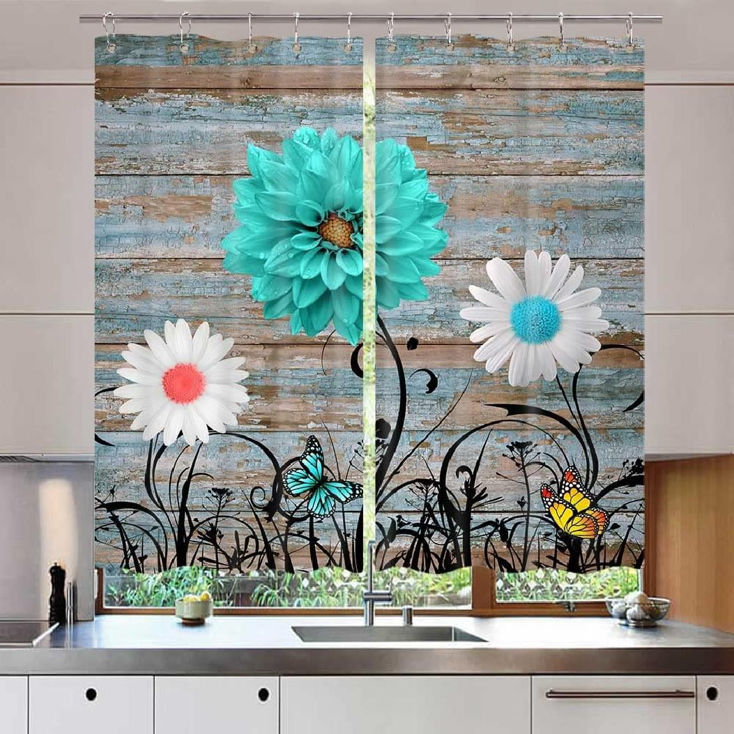 Rustic Teal Floral Kitchen Curtains, Farmhouse Turquoise Blue Flower