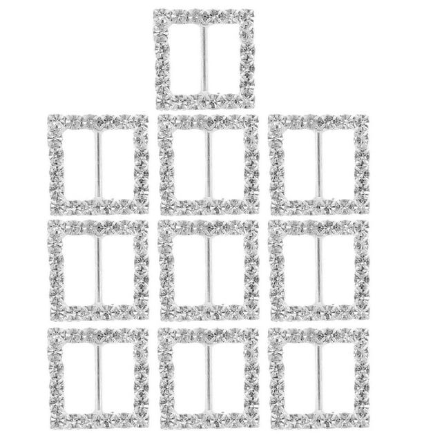 10pcs Square Shaped Rhinestone Studded Ribbon Buckle Sliders for DIY Craft Wedding Gift (Silver)