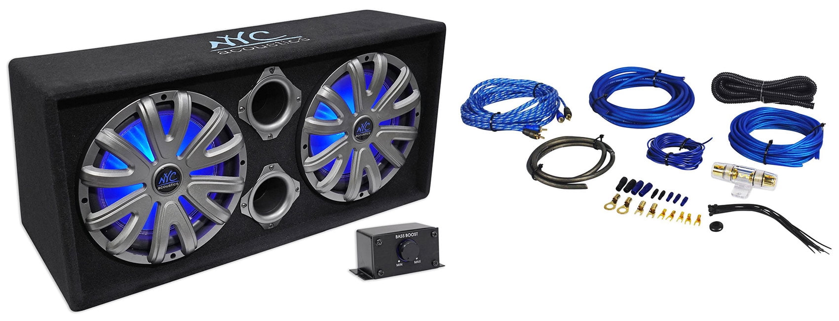 NYC Acoustics NSE212L Dual 12" 1800w Powered Car Subwoofer System+LED+Wire Kit