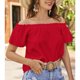 thumbnail image 2 of Blusa de manga corta con volantes y dobladillo con volantes para mujer Camisa con hombros descubiertos de color puro de verano Rojo L, 2 of 8