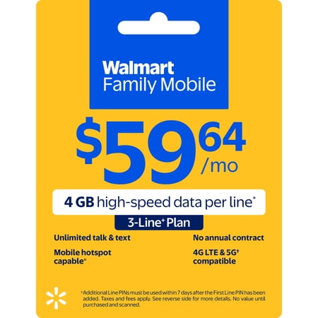 Walmart Family Mobile $59.64 Unlimited Talk & Text 3-Line Monthly Prepaid Plan (4 GB data at High Speed, then 2G*) e-PIN Top Up (Email Delivery)