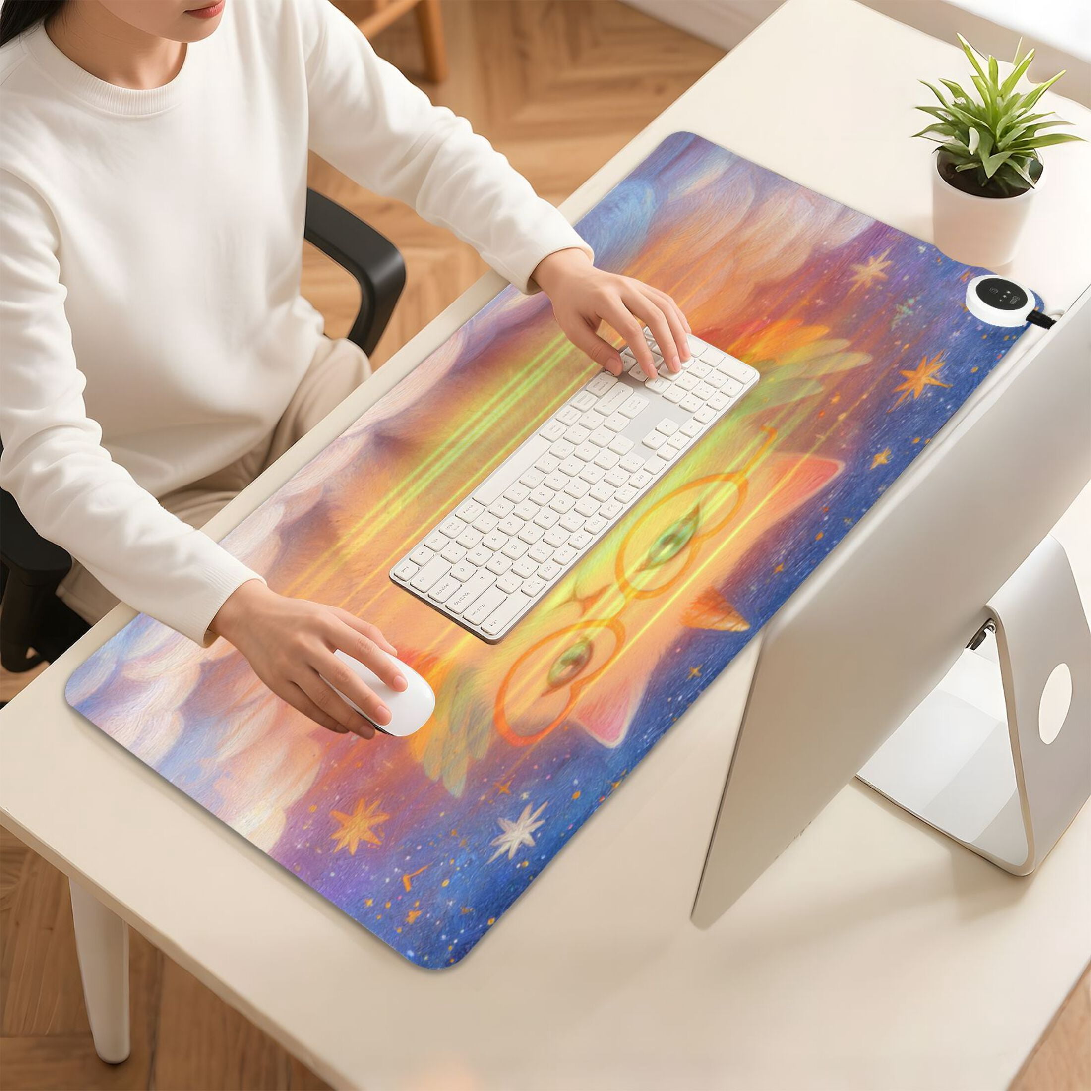 Large Heated Desk Mat Mouse Pad 31.5"x13"PU Leather Graphene Heating Desk Warmer with 3 Temperature Settings 110V US Plug Non-Slip Warm Pad for Home, Office, and Gaming Galaxy Unicorn Kitten Print
