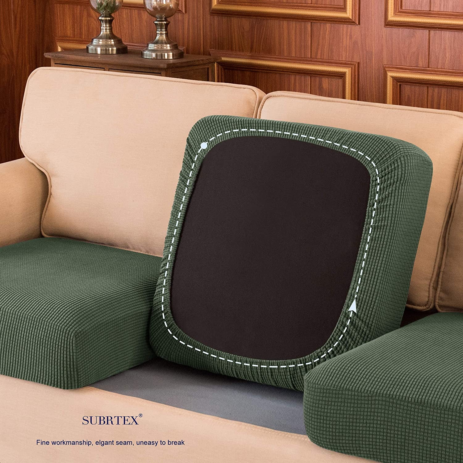 Subrtex Cushion Covers Separate Seat Stretch Textured Grid (3PCS, Olive)