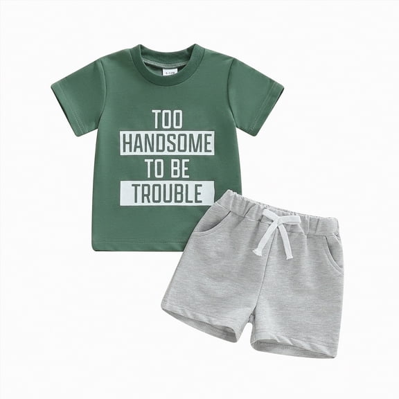 TOWED22 Baby Boy Summer Clothes 2pcs Crewneck Short Sleeve Shirt Cotton Drawstring Shorts Dinosaur Truck Print Outfits(Green,3-4 Y)