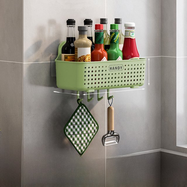 Wall-Mounted Multi-Purpose Storage Rack for Kitchen & Bathroom - No Drilling Required, Compact Medium Size, Green, with 4 Bonus Hooks - Ideal for Organizing Spices, Toiletries, Cosmetics & More,