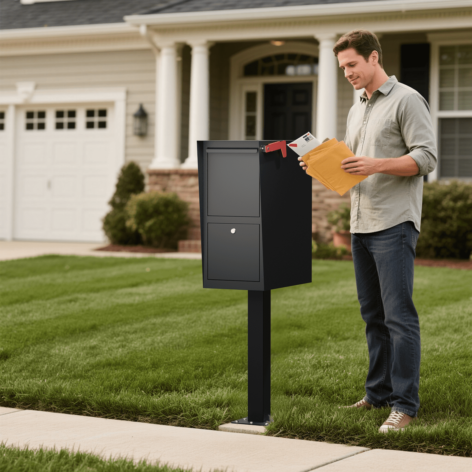 POCHAR Secure Curbside Locking Mailbox for Packages, Weekend-Away Design with In-Ground Post and Base Plate (Black)