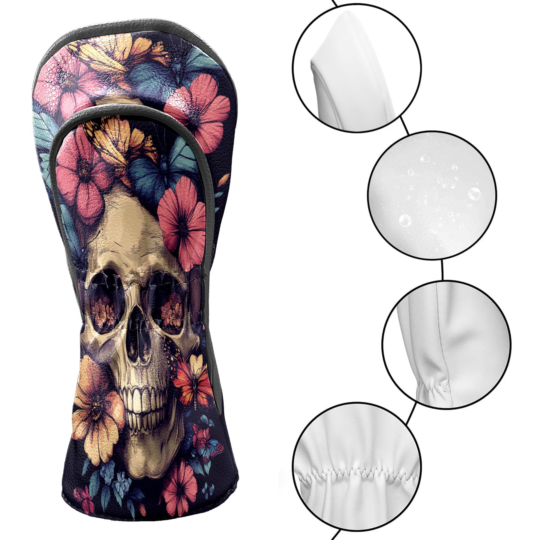Golf Club Covers PU Leather Waterproof Head Covers for Fairway Woods Hybrids Skull With Butterflies and Flowers