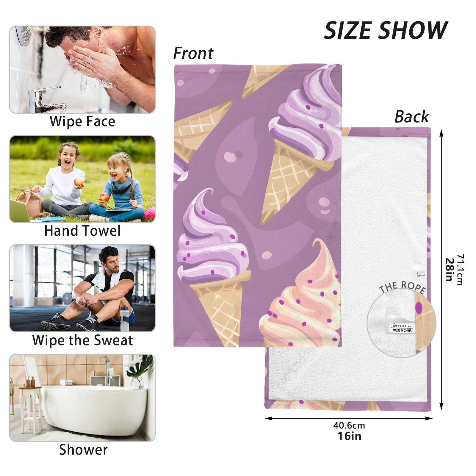 Delicious Ice Cream Hand Towels Cotton Bath Towels Large Face Towels Absorbent for Bathroom 2 Packs