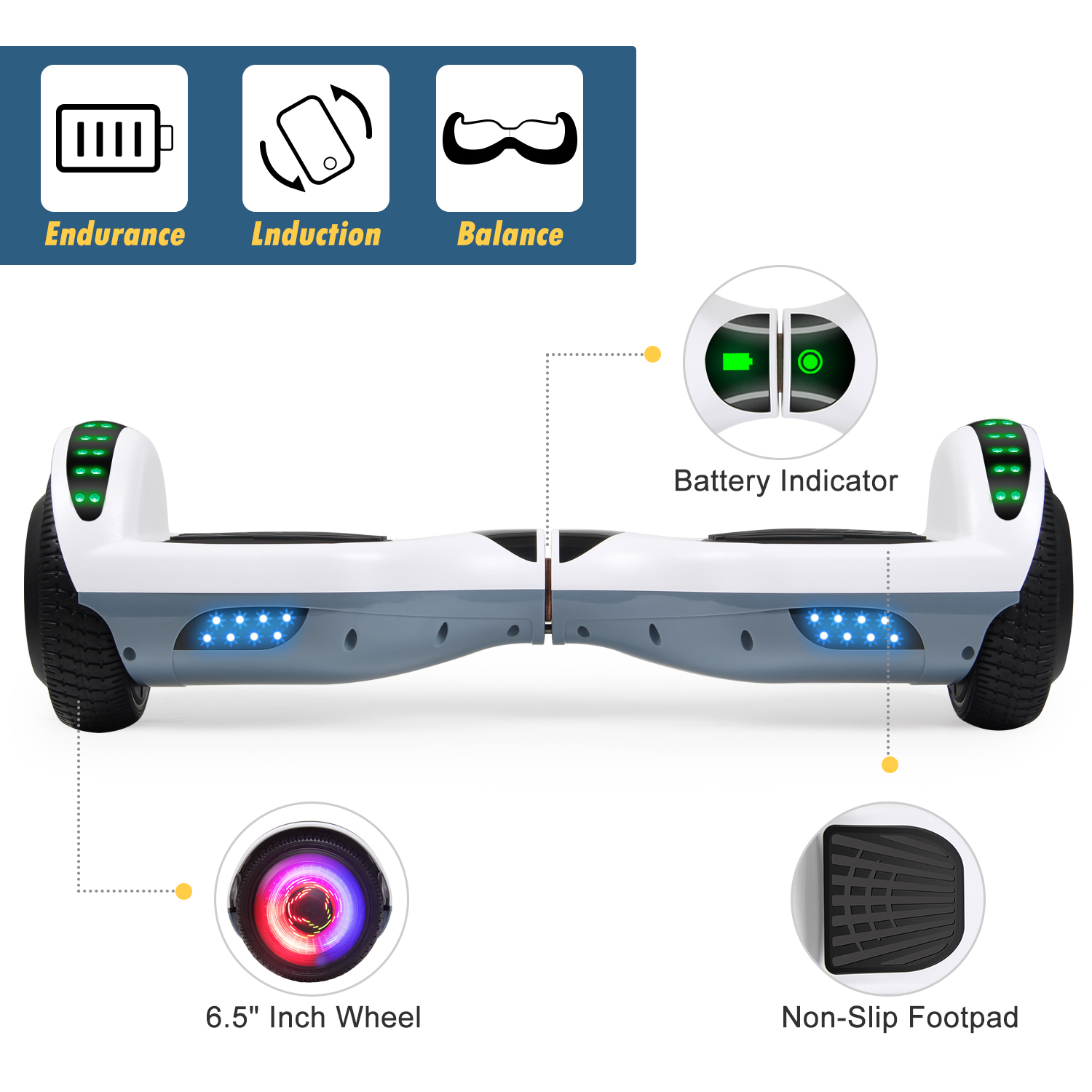 CBD Hoverboard 6.5 inch Self Balancing Hoverboard with LED Lights and Bluetooth Hoverboard for Adults and Kids Gift White - image 3 of 7