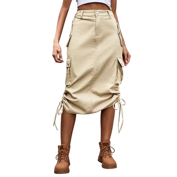 XDZJLR Jeans Skirt For Women Denim Skirts Trendy Tie Work Dress Casual Mid Length Skirt Khaki S-2Xl