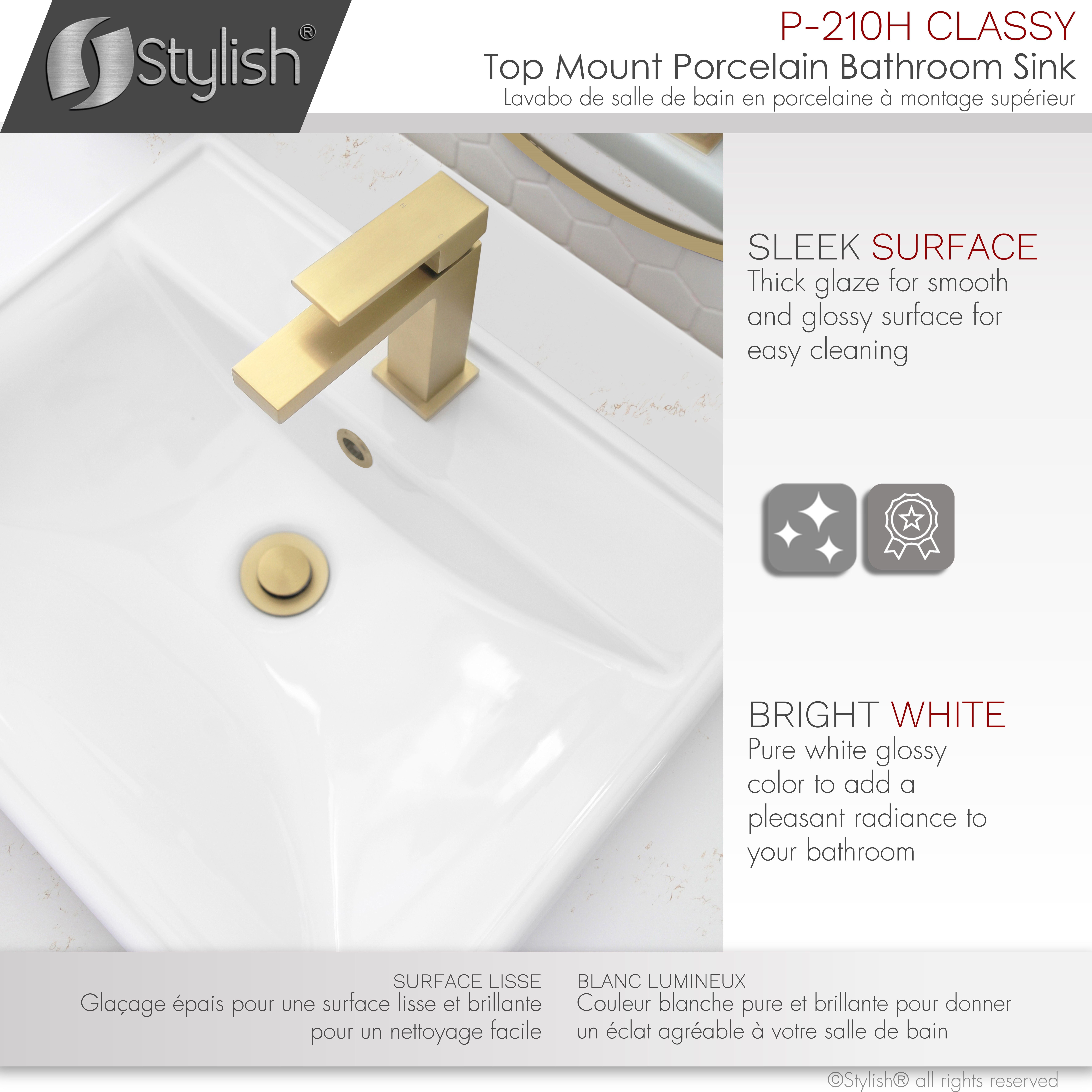 Stylish 20 ¼" White Porcelain Top Mount Rectangular Bathroom Sink with 2 Overflow Rings P-210H