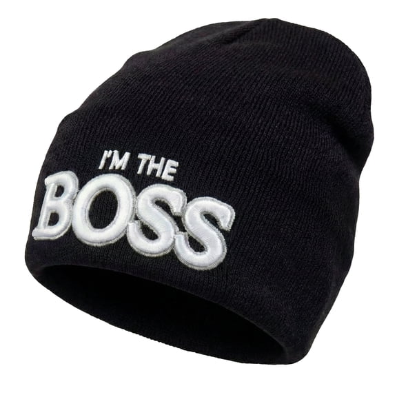 Mens Womens I'm the Boss Embroidered Black Cuffless Knit Beanie