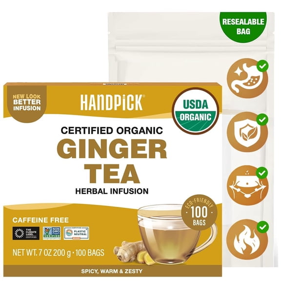 HANDPICK, Organic Ginger Tea Bags (100 Herbal Tea Bags), Caffeine Free & 100% Pure Ginger Root | Soothing & Spicy Blend | Round Eco Conscious Teabags