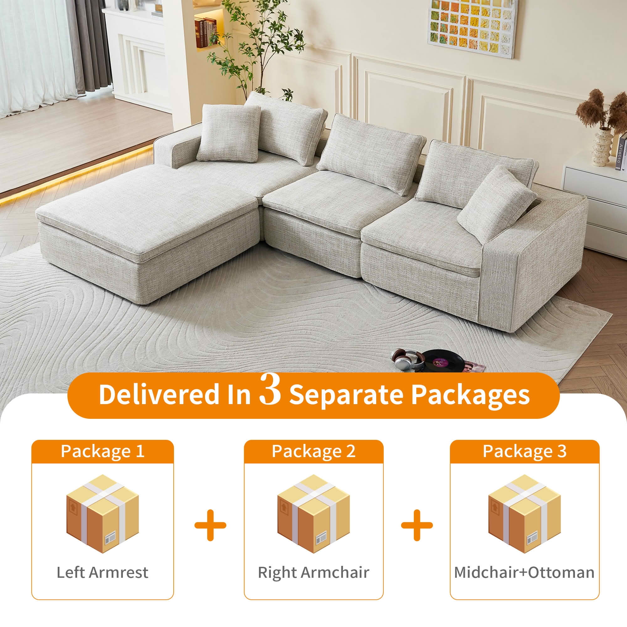MAYEERTY 131in 4-Seater Cloud Couch with Ottoman, Washable Linen Cover, Pocket Springs & Compressed Delivery，Beige
