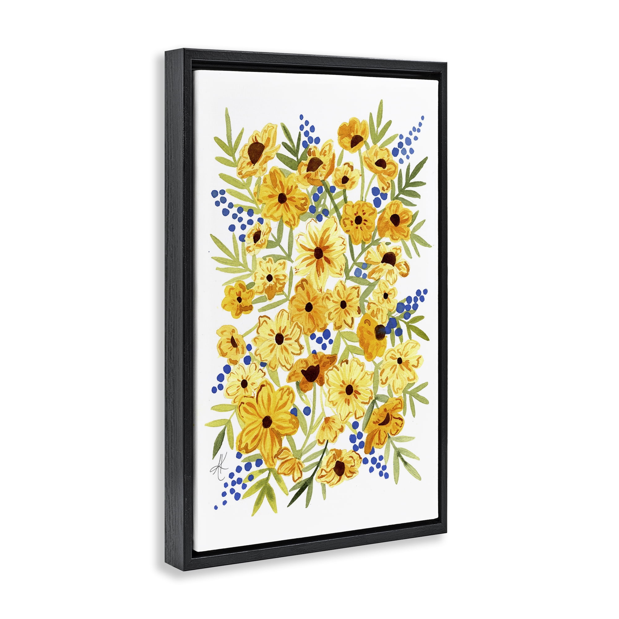 Stupell Industries Yellow Cosmos & Berries Botanical & Floral Painting Black Floater Framed Art Print Wall Art, 17 x 25