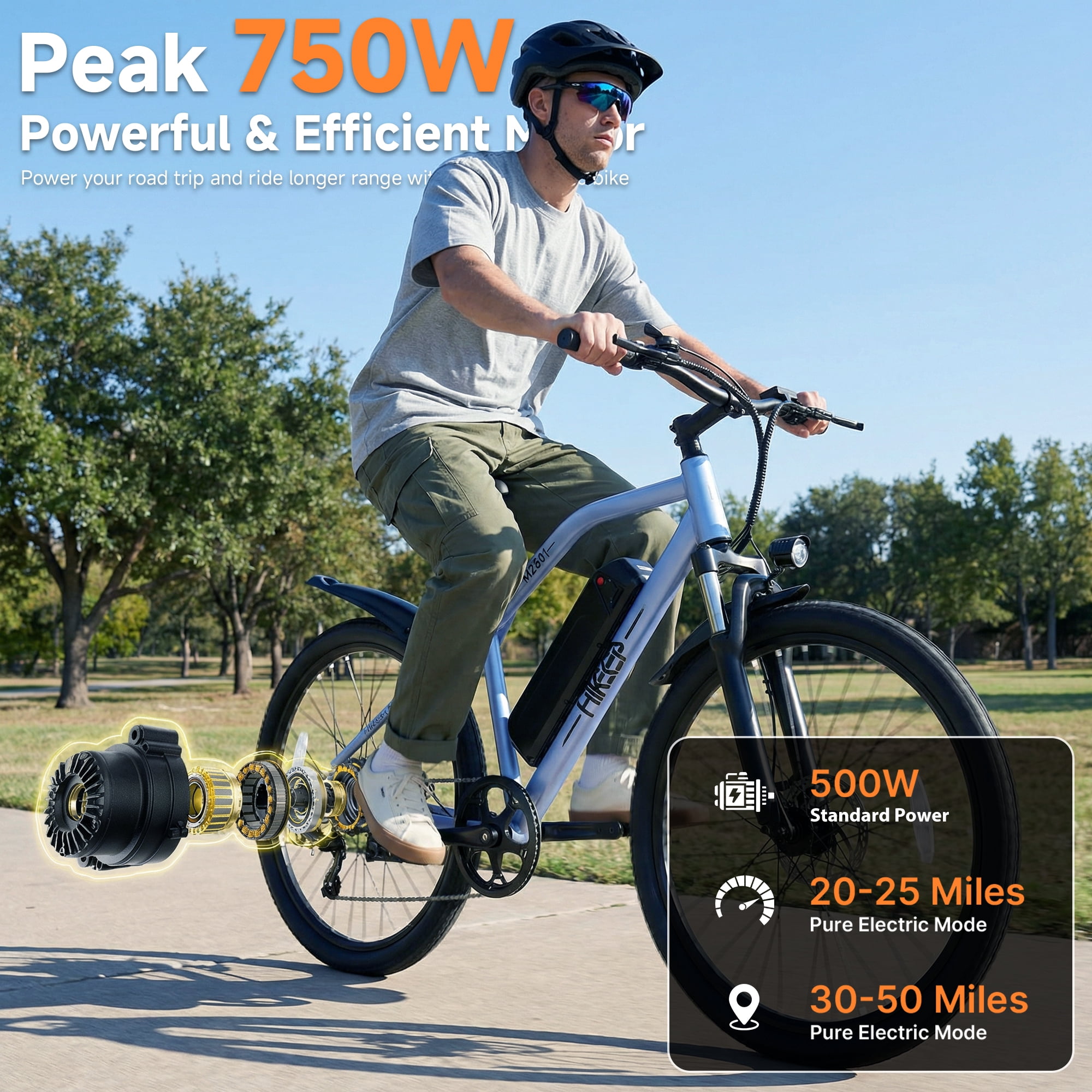 M2601 26" Electric Bike for Adults, 750W Peak Motor 48V Removable Battery Ebike, 7-Speed, Shock Absorption, 35 Miles Range, 20MPH Max Speed, Dual Disc Brakes, Orange