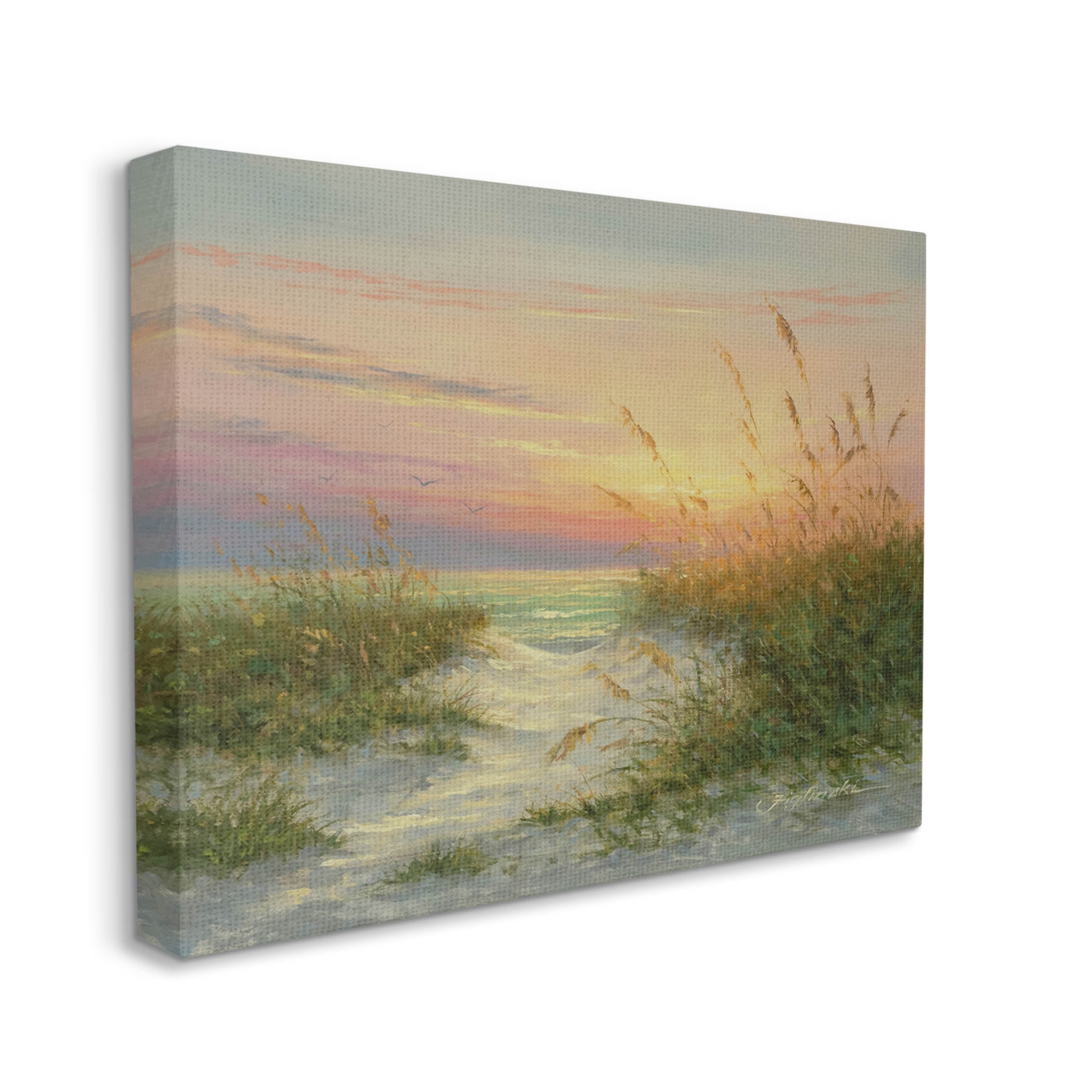 Sunset Beach Path Reeds Coastal Painting Gallery Wrapped Canvas Print Wall Art