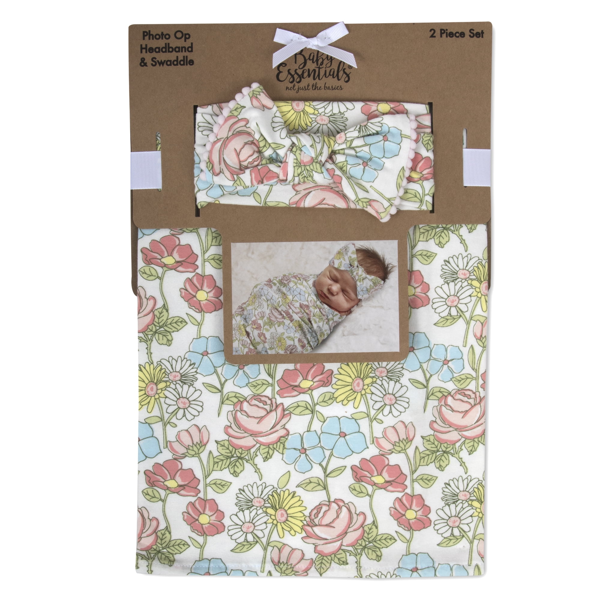 Baby Essentials - Soft Cotton Baby Swaddle Wrap Blanket with Matching Hat or Headband Cap Set for Newborns and Infants - Flower Fields