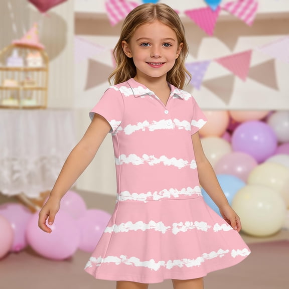 CCRFTGI Polo Dress for Kids Girls Size 7 Short Sleeve School Uniform Casual Striped Pleated Flare Skater Polo Dresses Back To School Summer Button Collared Pique Polo Dress Pink 7-8 Years