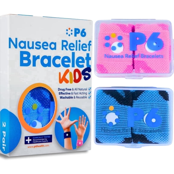 P6 Kids Reusable Motion Sickness & Nausea Support Acupressure Wristbands Set with Travel Case, Pink and Blue, 2 Pack