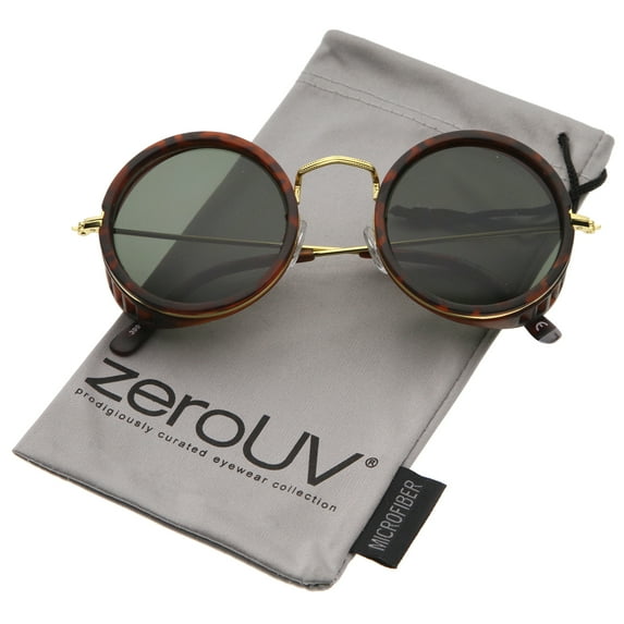 zeroUV Unisex Retro Steampunk Side Cover With Cutouts Thin Metal Temples Round Sunglasses 47mm (Matte Tortoise-Gold / Green) - 47mm