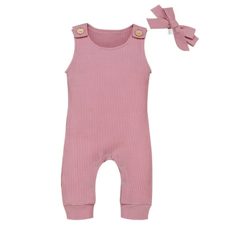 

TUOBARR Newborn Infant Baby Girl Boy Solid Ribbed Button Romper Jumpsuit Hairband Outfit Pink (0-24Months)