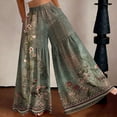 thumbnail image 2 of Floral Tiered Palazzo Pants for Women - High Waist Elastic Wide Leg Trousers, Flowy Boho Beach Bottoms for Women's Summer Vacation & Resort Wear Army Green L, 2 of 8