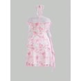 thumbnail image 2 of Pink Ruffle Halter Mini Dress With Floral Print And Rose Embellishment, 2 of 5