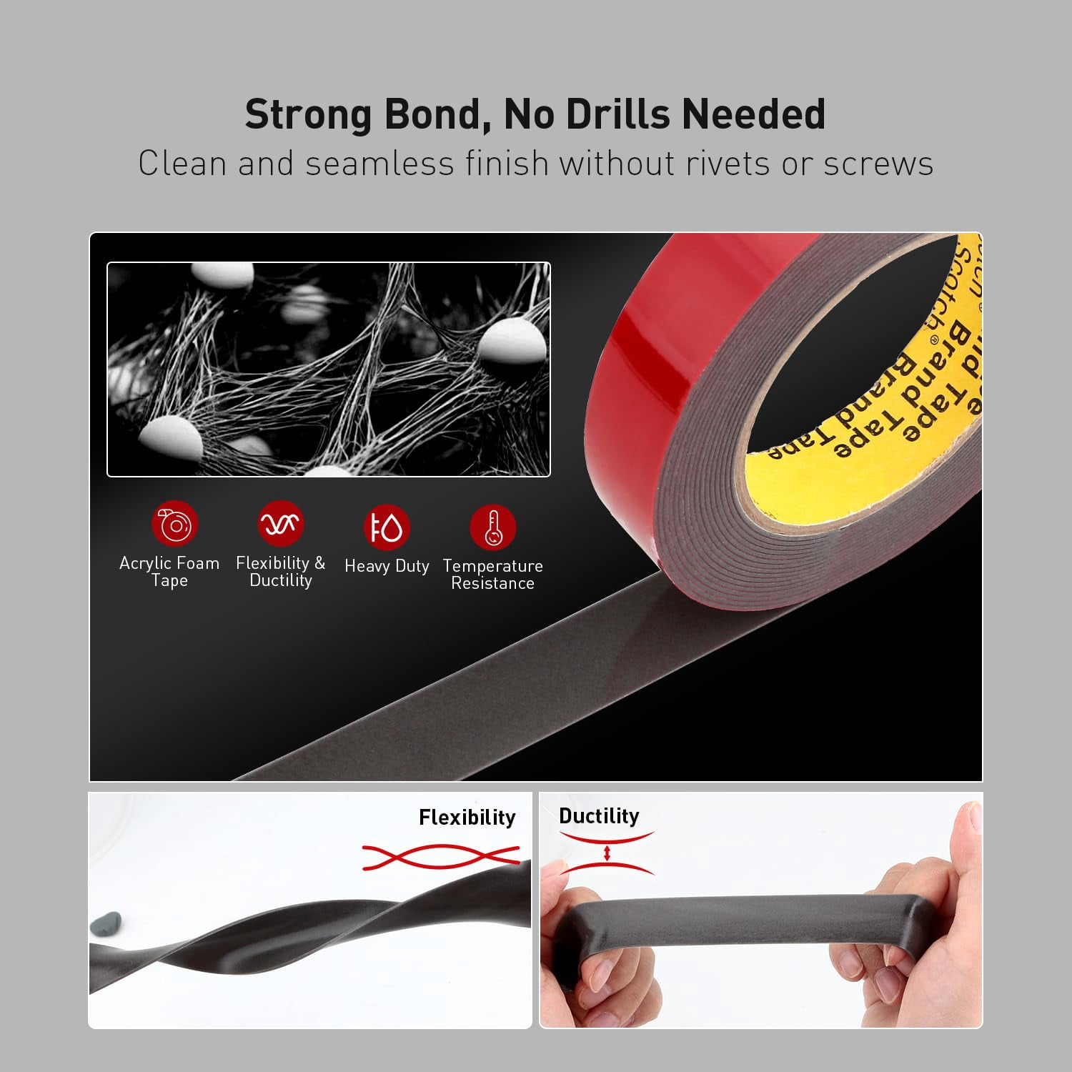 Heavy Duty Double Sided Mounting Tape Gray Waterproof Foam Tape High Temperature Resistant 1 inch x 13.8 ft for Automotive and Metal 1 Count