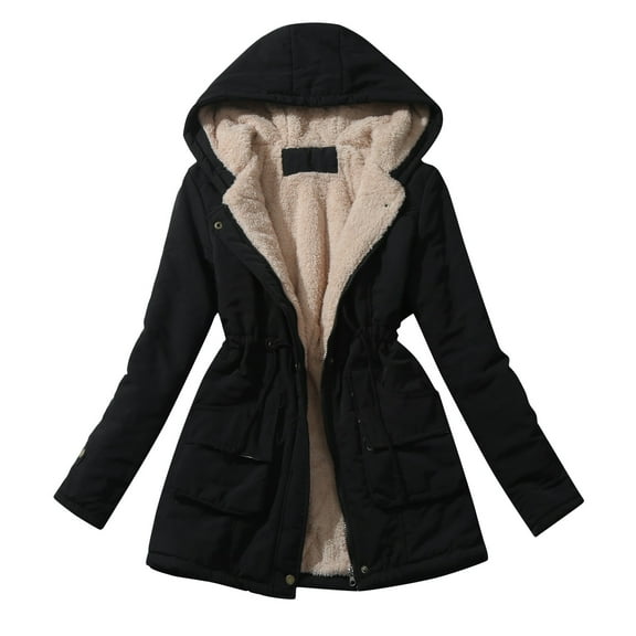 Women Fashion Loose Drawstring Waist Long Sleeve Lapel Thick Hooded Cotton Coat