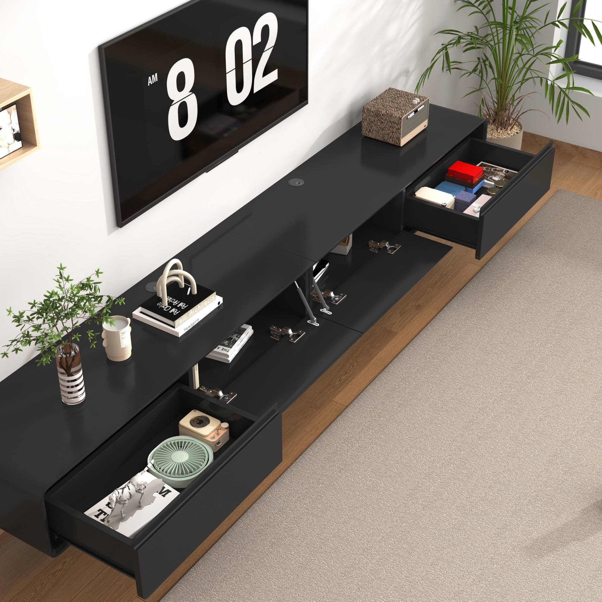 Blotout 94.5'' Minimalist Floating TV Stand, Modern Wall-Mounted Media Console with 4 Drawers for Wall-mounted TV Up to 110'', Black