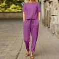 thumbnail image 3 of Lovskoo 2 Piece Outfits for Women Summer Cotton Linen Casual Matching Set Short Sleeve T Shirts And Loose Pants with Pockets Purple, 3 of 5
