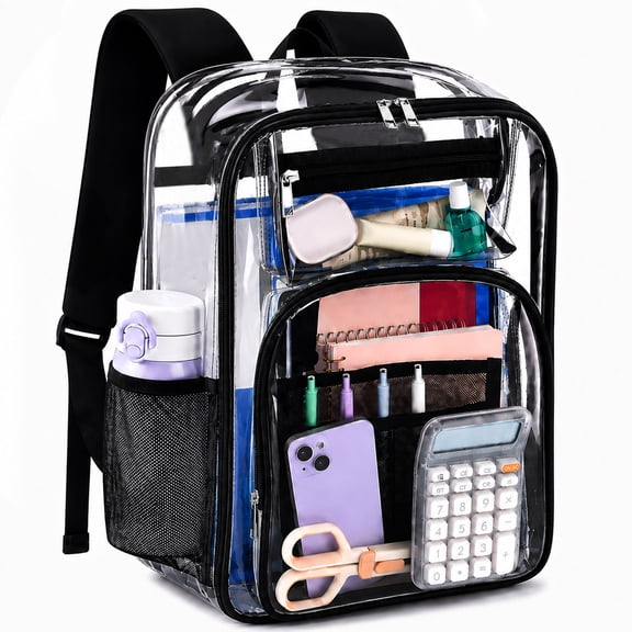 Aovky Large Clear Backpack, Heavy Duty PVC Clear Backpack for Stadium Events, 17 Inch Transparent Bag with Reinforced Strap for Women Men, See Through Multi Pocket Clear Bag for College Work Travel