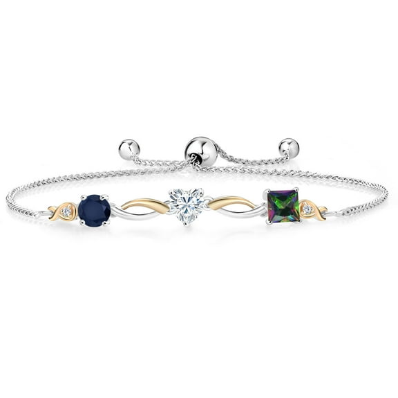 Gem Stone King 925 Silver and 10K Yellow Gold Blue Sapphire Moissanite Green Mystic Topaz and Lab Grown Diamond Tennis Bracelet for Women By Keren Hanan (2.20 cttw, Adjustable up To 9 inch)