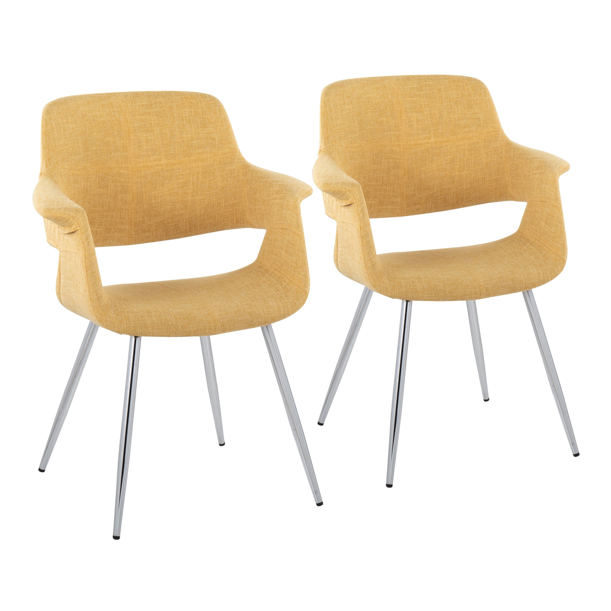 Dining Chair Set of 2, Yellow Fabric Upholstered Cushioned Seat and Backrest with Chrome Finished Metal Legs, Art Deco Glam Style Seating for Living Room, Dining Room or Office