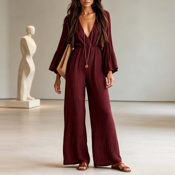 Aimik Womens Long Sleeve Deep V Neck Jumpsuits Bell Sleeve Wide Leg Jumpsuits Fall Casaul Fashion One Piece Jumpsuit for Women
