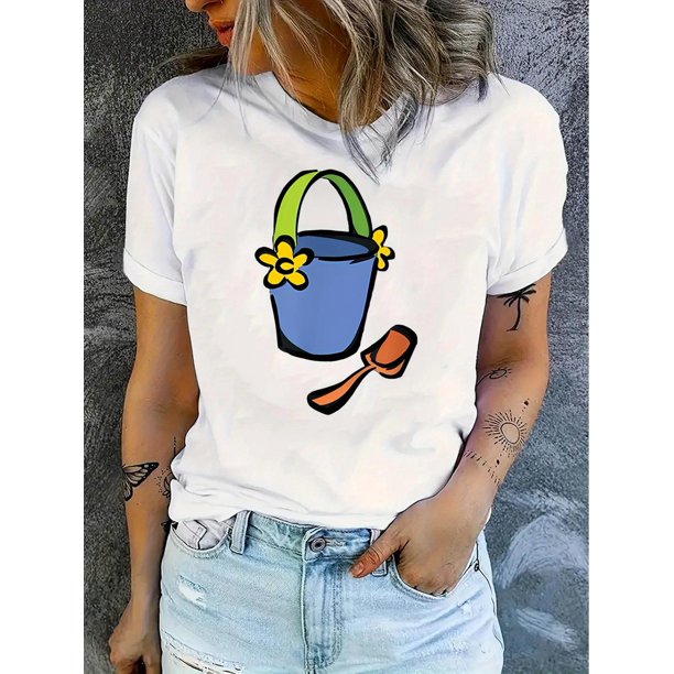 Playera estampada para mujer, divertida e inspiradora, novedosa, informal, de manga cortaWomen's Casual Floral Print Bucket T-Shirt - White Crew Neck Short Sleeve, Lightweight & Comfortable Summer T
