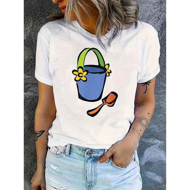 Playera estampada para mujer, divertida e inspiradora, novedosa, informal, de manga cortaWomen's Casual Floral Print Bucket T-Shirt - White Crew Neck Short Sleeve, Lightweight & Comfortable Summer T