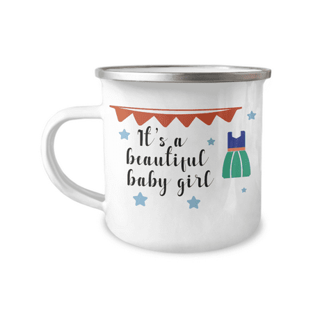 It's A Beautiful Baby Girl, Pregnancy reveal, Gender Reveal, Coffee Mug-12 oz Stainless Steel Enamel Finish White Camper Coffee Mug