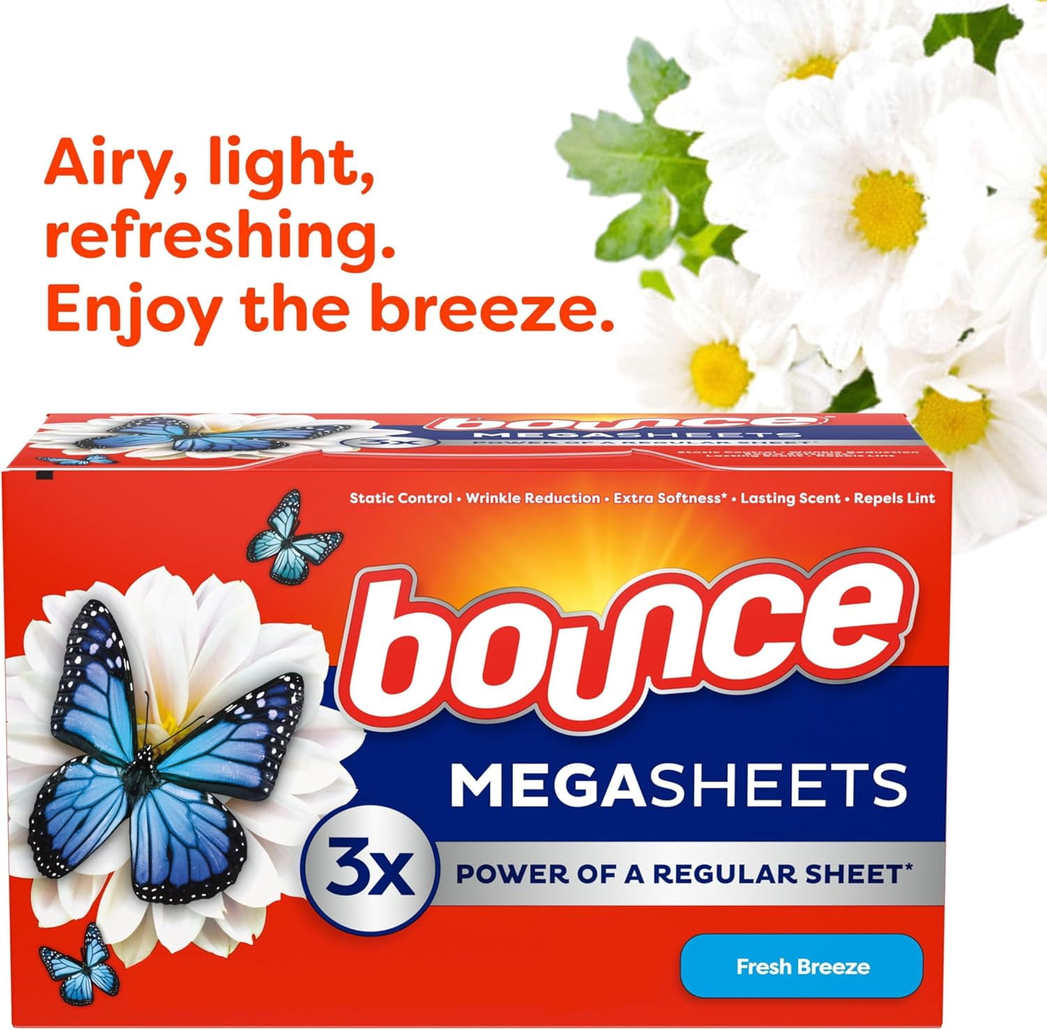 Mega Dryer Sheets, Fresh Breeze, 130 Count, Mega Fabric Softener Sheets with Static Control, Wrinkle Reduction, Extra Softness, Lasting Scent, Repels Lint