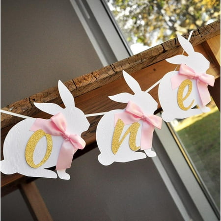 - Some Bunny is One Highchair Banner. One Bunny Banner. Pink and Gold First Birthday Party Decorations.