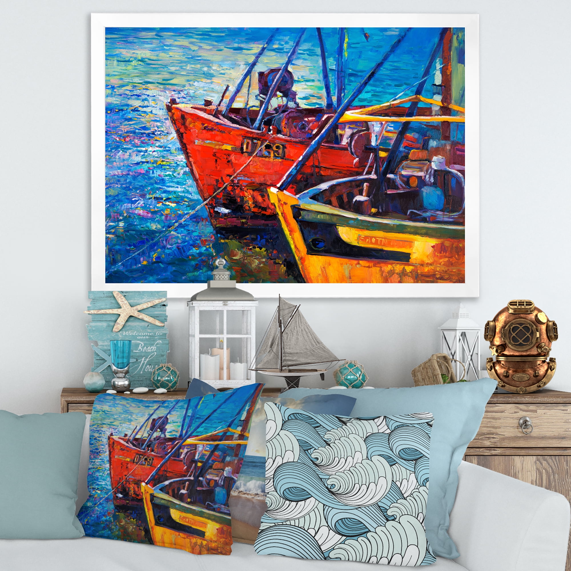 Boats During Warm Sunset Resting On The Water VII 40 in x 30 in Framed Painting Canvas Art Print, by Designart
