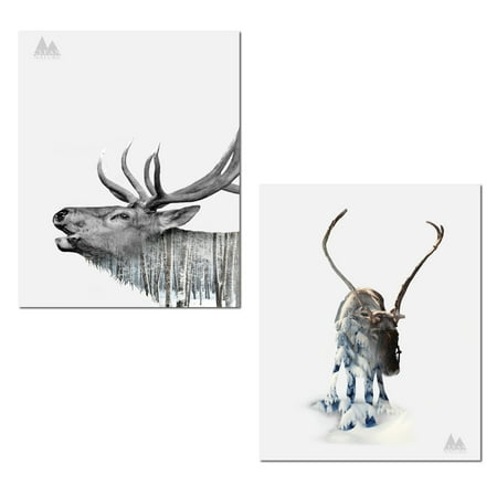 Rustic Lodge Deer - Rustic Double Exposure Clean Nature Deer and Moose Landscape Set; Cabin Lodge Decor; Two 11x14in Unframed Paper Posters