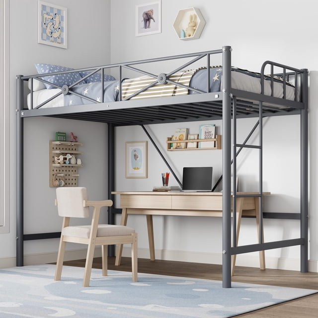 Kojooin Metal Loft Bed Twin Size, Heavy Duty Industrial Loft Bed with Safety Guard Rails